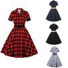 Women's Retro Style Plaid Dress with Belt and Lapel Collar, Midi Dresses with Short Sleeves for Bridesmaids, Evening Cocktail Wear, Celebrity Outfit