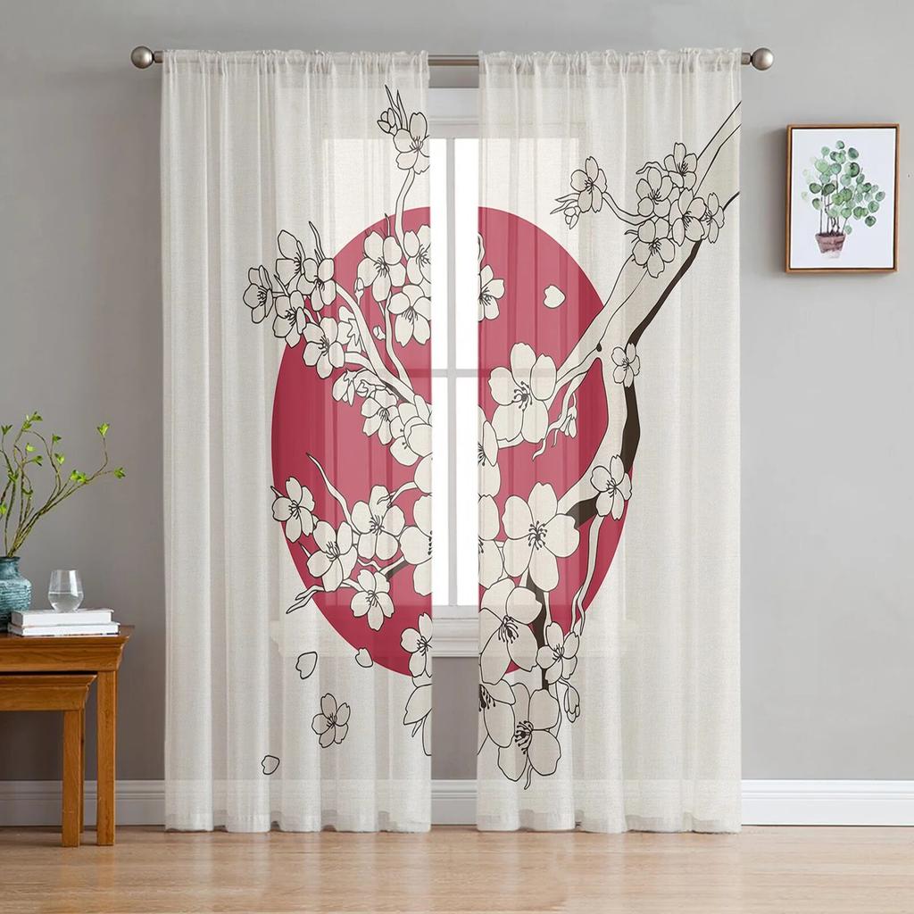 Japanese Cherry Blossom Moon Minimalist Window Tulle Curtains For Living Room Kitchen Modern Window Treatments Voile Curtains