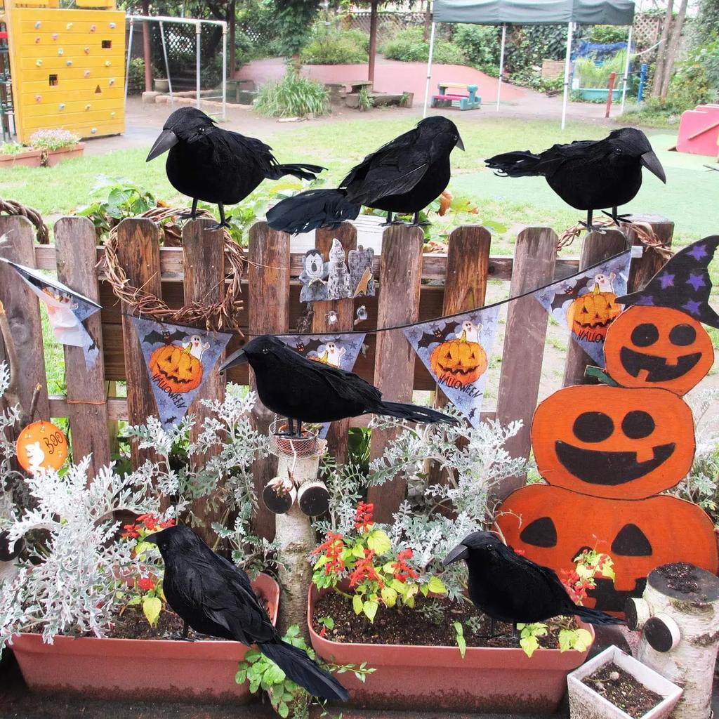 1-9PCS Artificial Black Raven Flocked Feathers Halloween Ghost Party Decoration Spooky Bird Model for Graveyard Scene Prop Favor