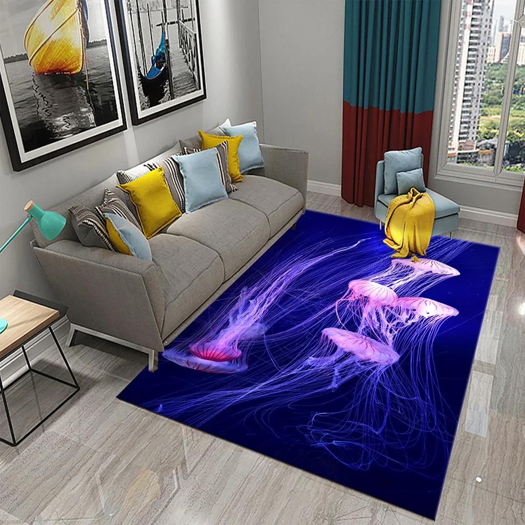 3D Jellyfish Pattern Carpet Marine Life Theme Rug for Bedroom Rug Living Room Bathroom Non-slip Mat Home Hotel Rug Kitchen Rugs