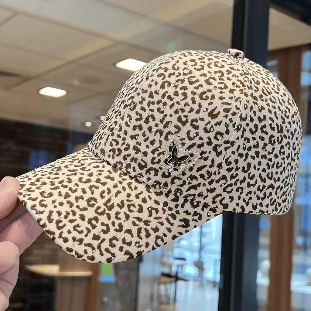 Damen Baseballkappe im koreanischen Stil, Pailletten, Schmetterling, Leopardenmuster, breite Krempe, Sonnenschutz, vielseitige Kopfbedeckung, Schirmmütze