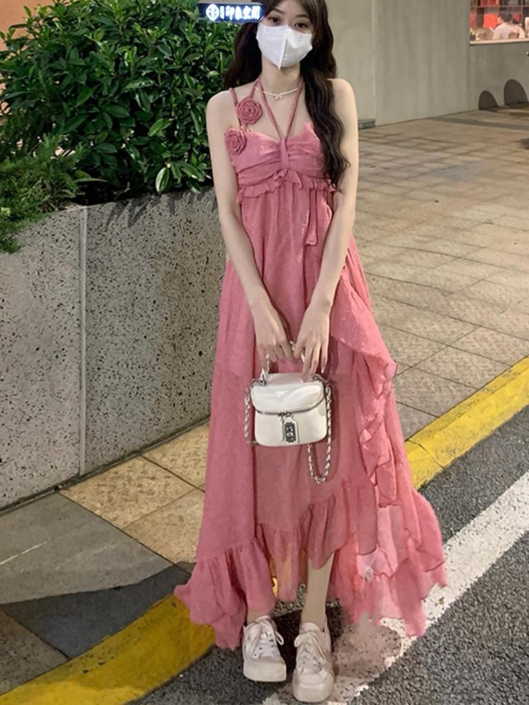 Backless Irregular Summer Dress Women Elegant Pink Elegant Strap Flower Slim Ladies Jacquard A Line Holiday Dresses