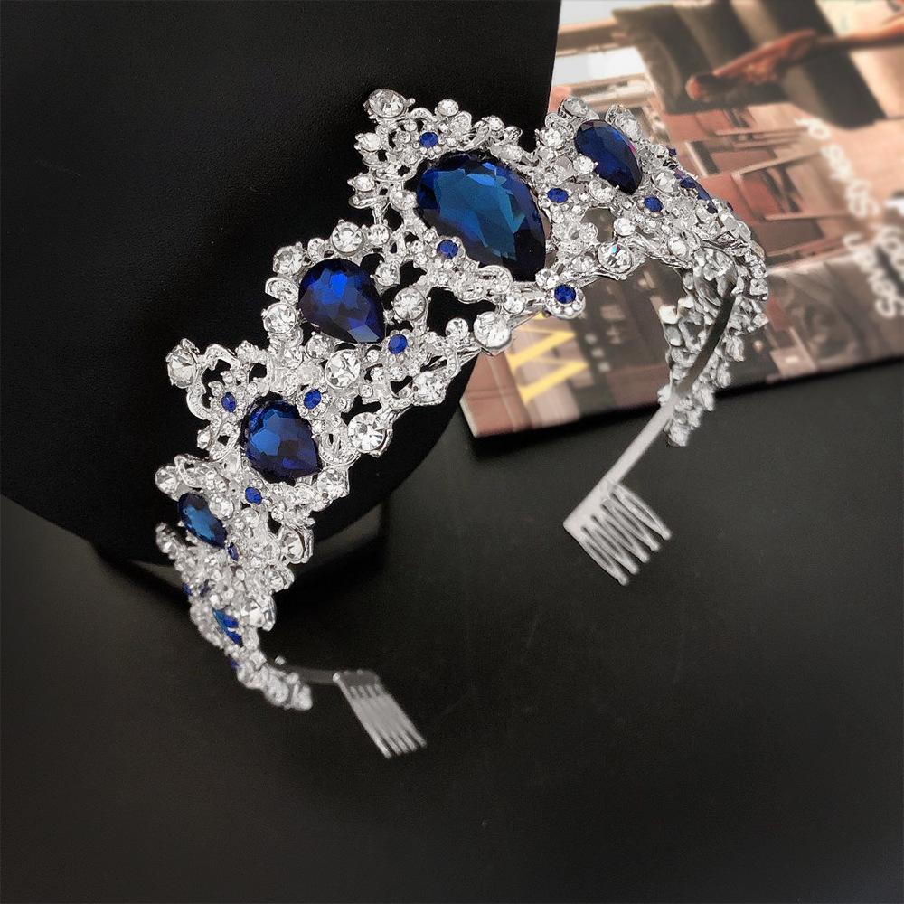 Bridal Crown with Comb Sapphire Blue Large Water Drop Crystal Hair Comb Headdress Wedding Accessories Crown Comb