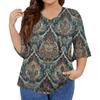 Women's Fashion Casual Retro Printed V-Neck Seven-Point Sleeve Ruffle Sleeve T-Shirt Tops Plus Size Women's