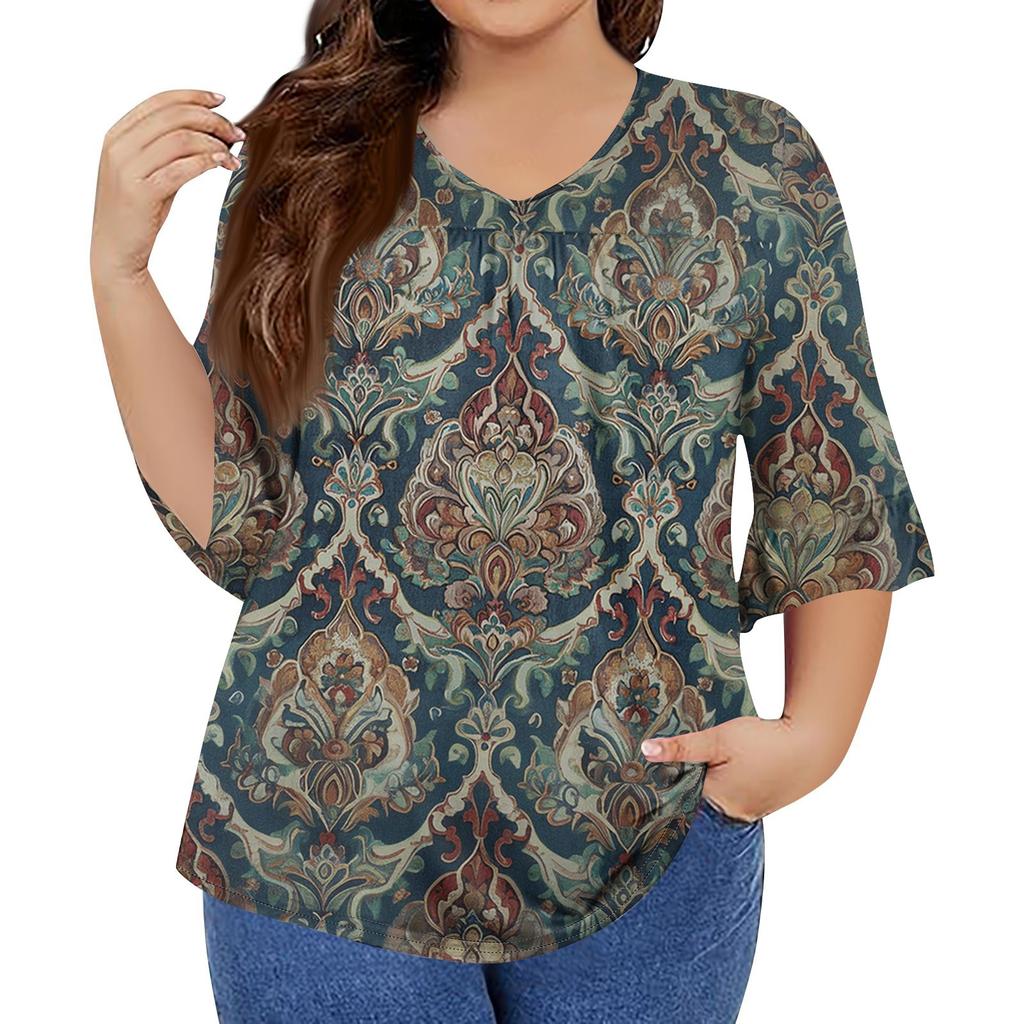 Women's Fashion Casual Retro Printed V-Neck Seven-Point Sleeve Ruffle Sleeve T-Shirt Tops Plus Size Women's