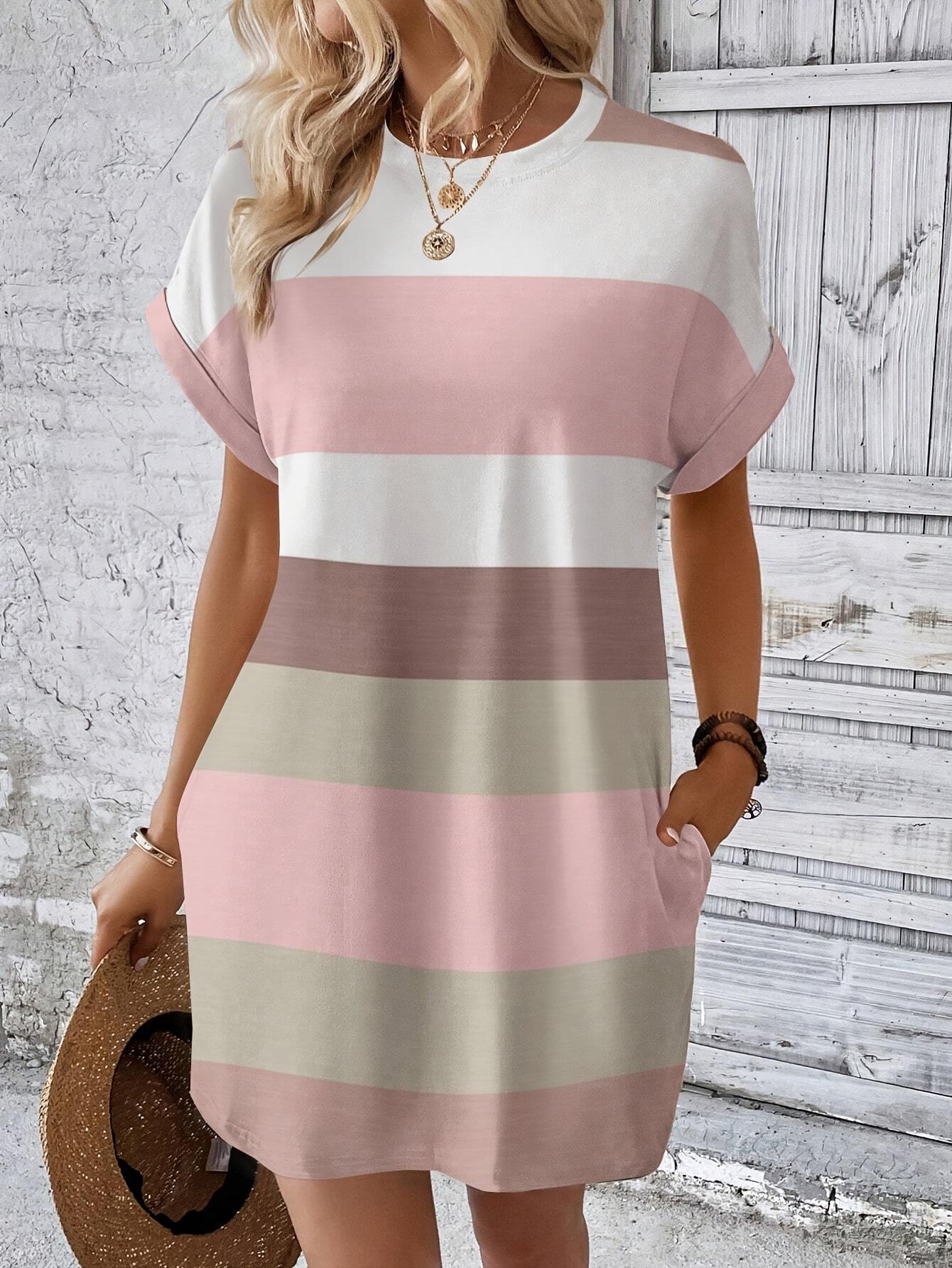 2026 Summer Plus Size Women s Milk Silk Striped Round Neck Dress 3XL