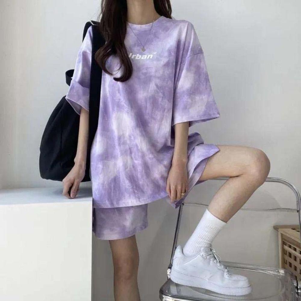 Letter Two-piece Tracksuit Large Size Summer Loose Suit Short Sleeve T-shirt Shorts  Female