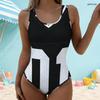 Women Plus Size Geometric Printed Scoop Neck Wide Straps High Cut One Piece Swimsuit Black White Orange