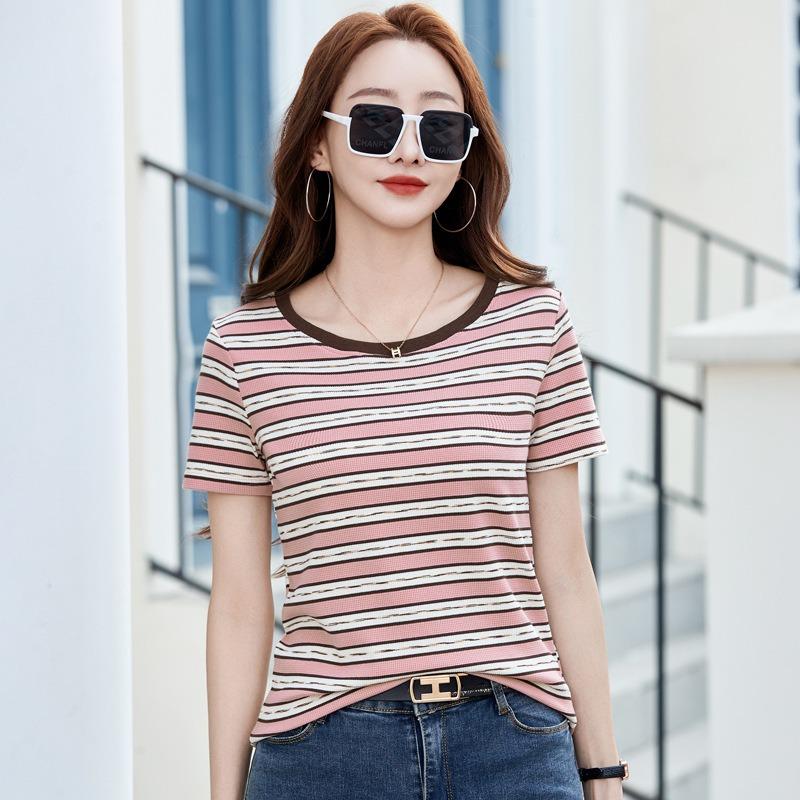 Women's Striped T-shirt Short-sleeved Spring and Summer Outside The New Round Neck Knit Shirt Bottoming Inside The Shoulder Slim Top