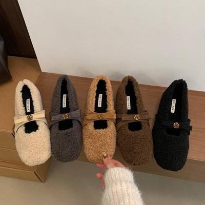 Inner Height Increase Gentle Lamb Wool Shallow Mouth Mary Jane Shoes Autumn and Winter New Soft-soled Versatile Plush Beanie Shoes Women