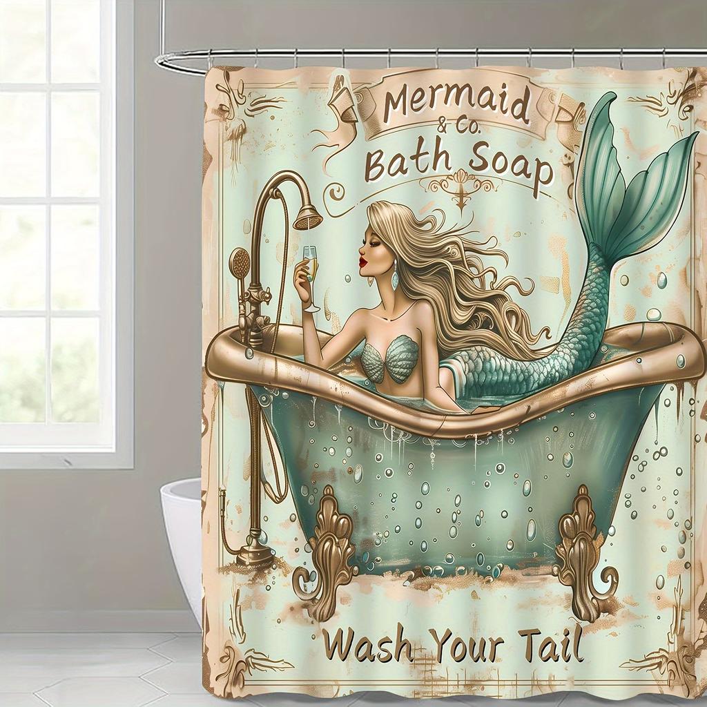 Vintage Mermaid Shower Curtain, Waterproof Polyester, Retro Bathroom Decor, Modern Home Gift For Women & Adults