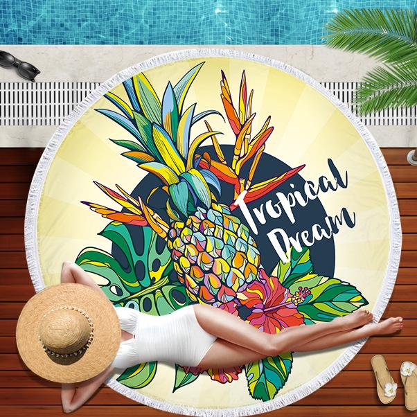 Tropical Fruit Pineapple Beach Towel Microfiber Floral Bath Shower Towels Round Beach Blanket Summer Swimming Shawl Yoga Mat