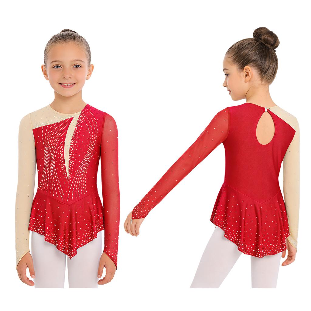 Girls Figure Skating Dance Dress: Long Sleeves Finger Holes Keyhole Back Mesh Patchwork Shiny Rhinestones Asymmetrical Hem