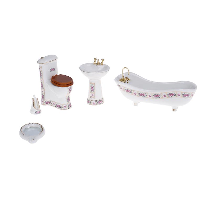 1:12 Dollhouse Miniature Furniture Scene Mini Bathroon Set Model Toy Shower Bathtub Basin Flush Toilet Pretend Play Doll Houses