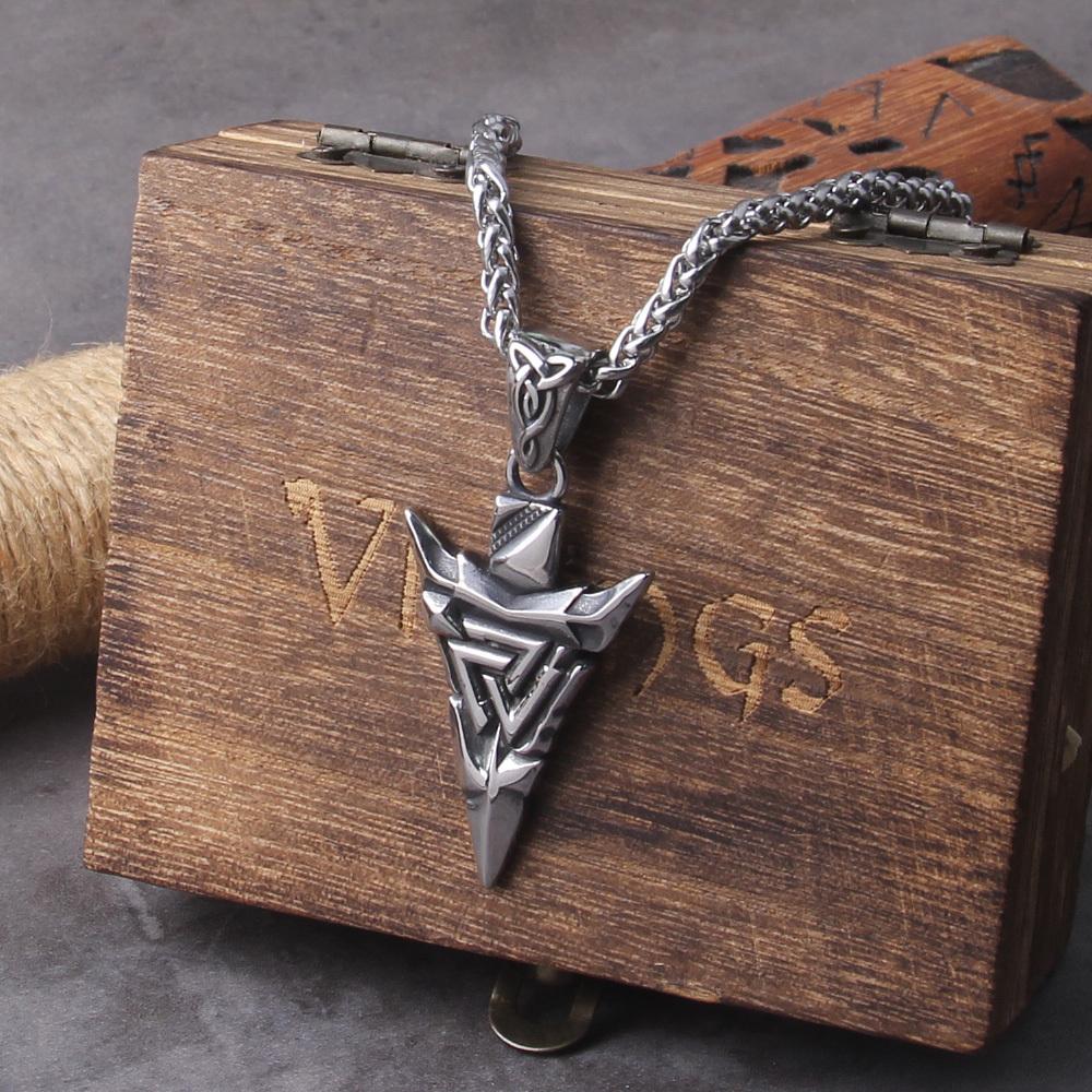 Odin Valknut Rune Necklace - Men s Stainless Steel Necklace, Viking Spear no box