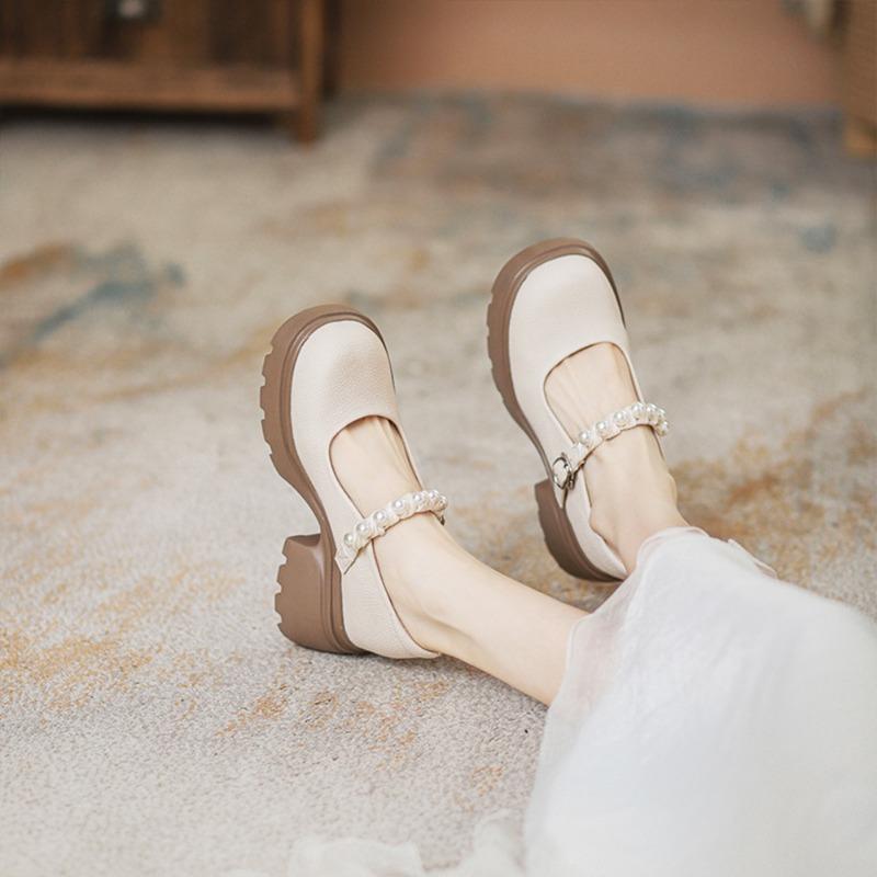 Summer new shallow mouth Mary Jane shoes women's pearl inner height increase word with soft sole summer single shoes