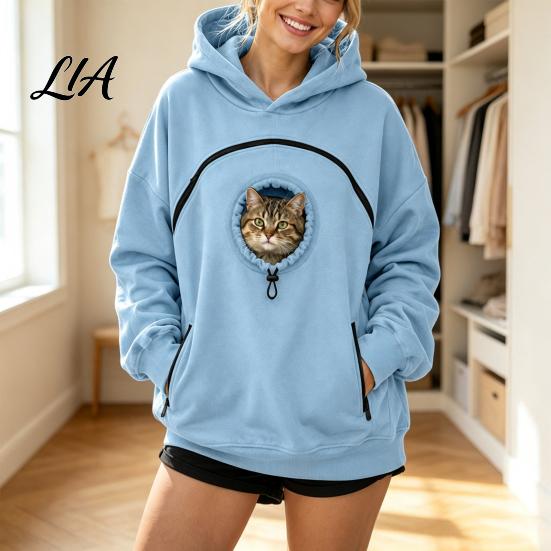 Dog Holder Hoodie Women Pet Carrier with Front Side Pockets, Solid Color Casual Hooded Loose Fit Sweatshirt Sweatshirt, Cat Carrying Pouch