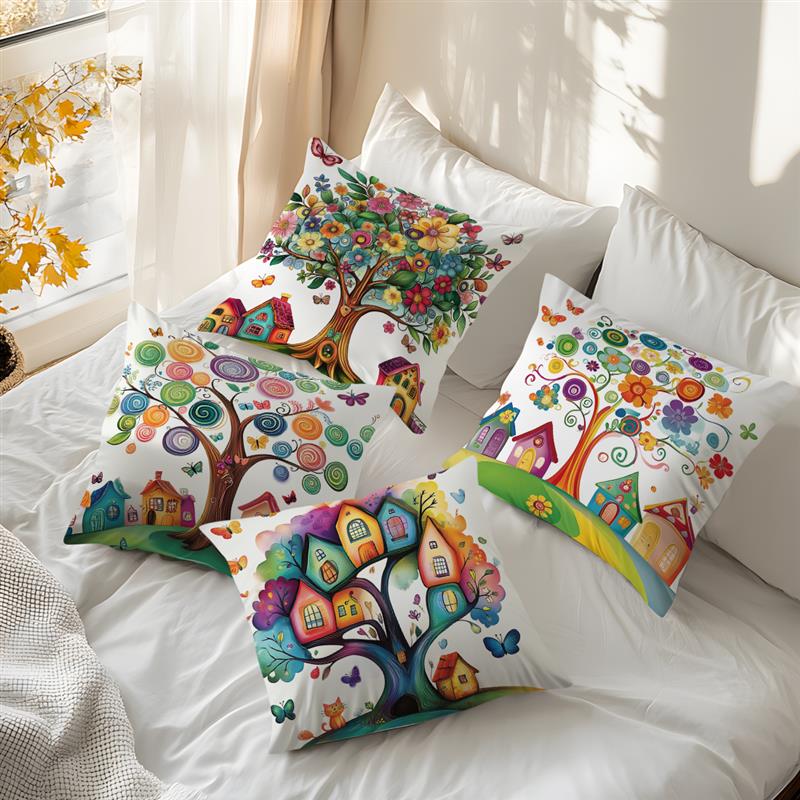 Colorful Trees Houses Pillowcase Printed 100% Polyester 45X45Cm Throw Pillowcover Decorative Sofa Cushion Pillowslip Home Decor