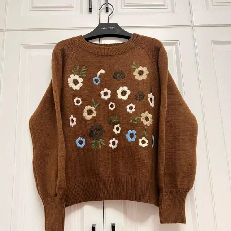 Women S Crew Neck Long Sleeve Knit Sweater With Flower Embroidery