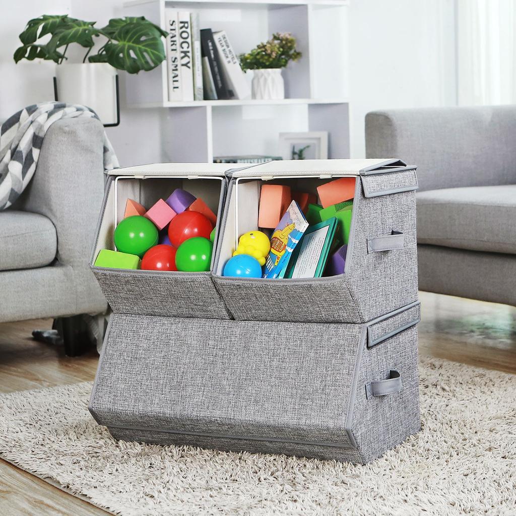SONGMICS Stackable Storage Boxes With Lids, Set of 3 Toy Organizer, Metal Frame, Magnetic Closure, For Clothes Toys Books, Grey