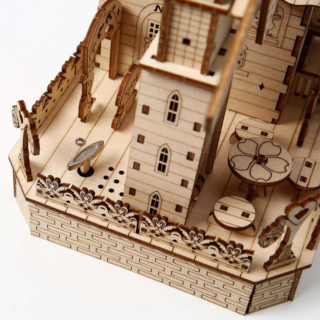 Hallisun 3D Wooden Cute Forest with LED Music Miniature Rotating Assembly Gift for Adults 14 and 174 Pieces Puzzle, Animals, Party, Lights, Box,