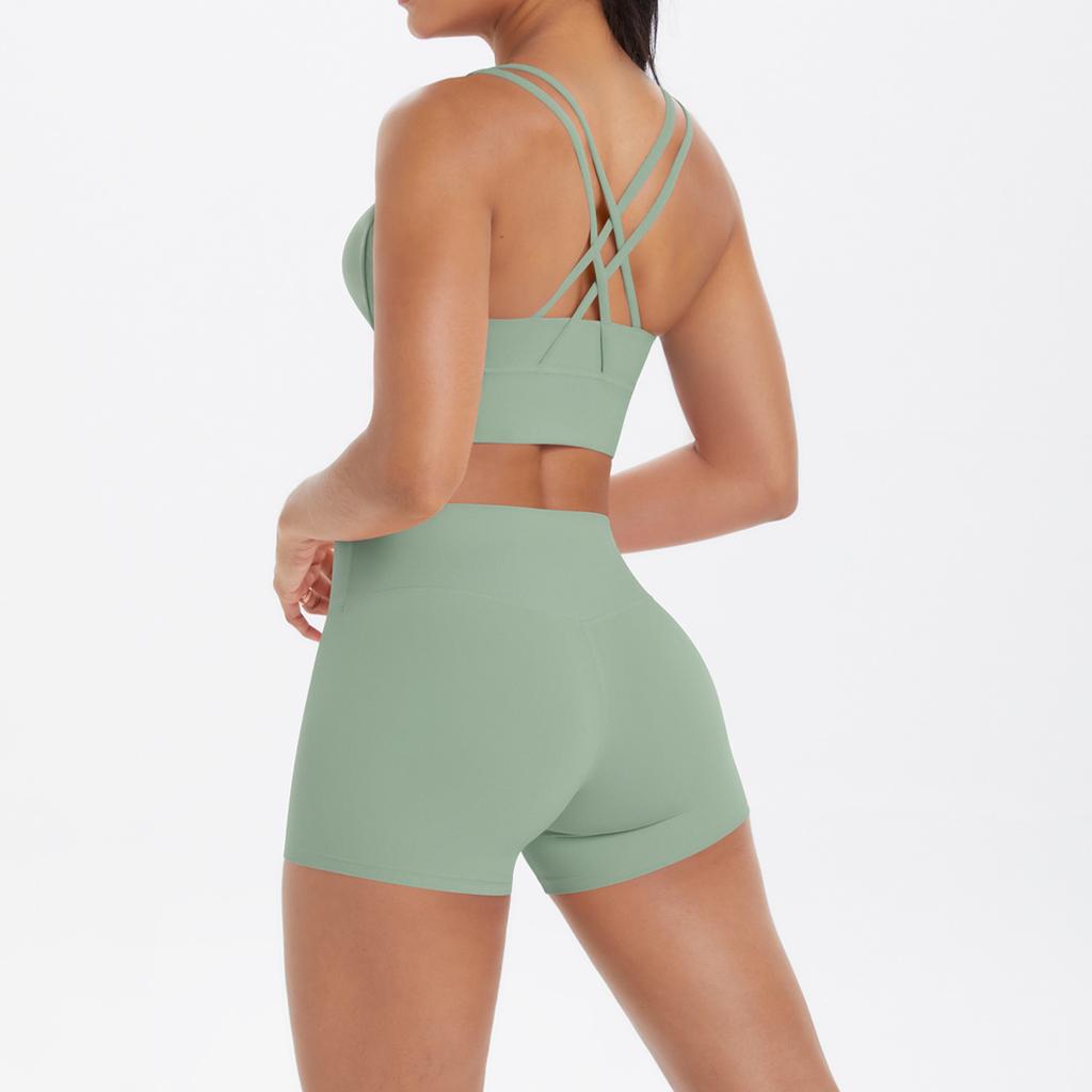 Nude Brushed Cross Back Bra, Casual Sports, Hip Lifting Shorts, Fitness Yoga Suit Two-piece Set