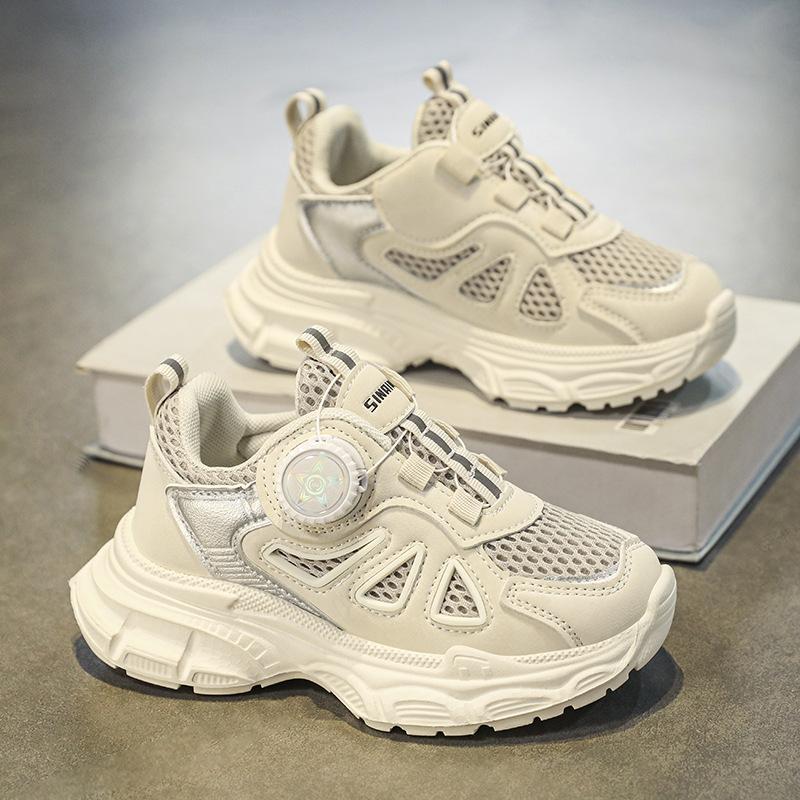 Children's mesh sneakers 2025 autumn new boys rotating button dad shoes solid color basketball shoes classmates