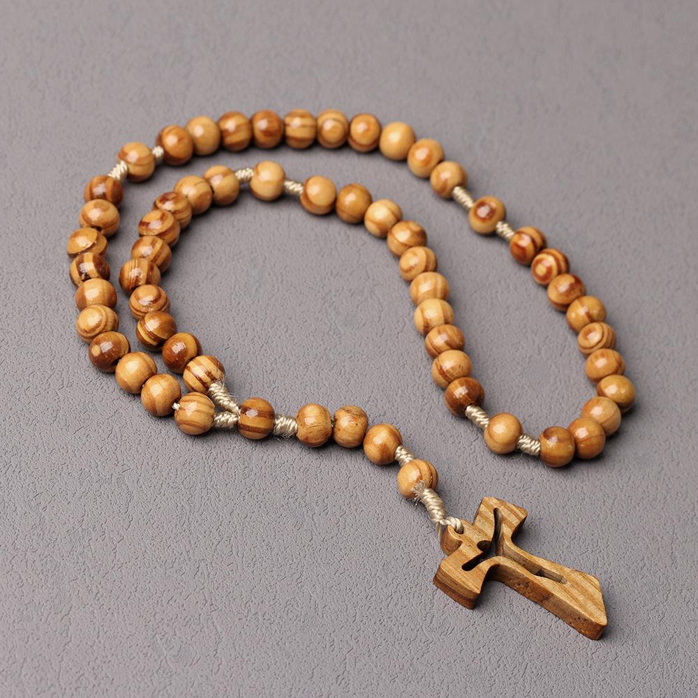 Vintage Cross Pendant Necklace Jesus Hollow Design10mm Wood Bead Choker Halloween Jewelry Gift