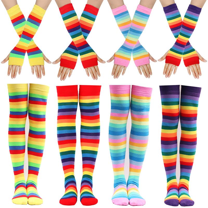 Purple Stockings Party Props 2 Piece Set Striped Over The Knee Socks Colored Striped Gloves New Casual Stockings