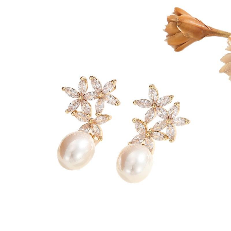 Full Diamond Flower Earrings with Delicate Pearl Pendant Stud Earrings
