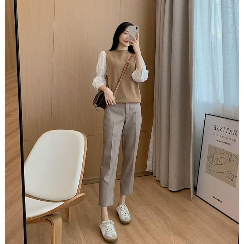 Women's Big Ding Homemade Cigarette Tube Suit Pants for Women Loose and Casual High-waisted Slimming Nine-point Pants