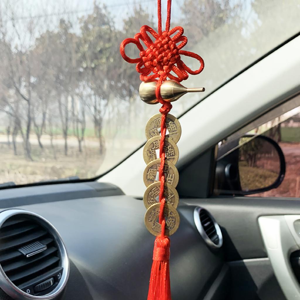 Genuine Copper Five Emperor Coins Feng Shui Hanging Ornament, Handmade Red String Door to Door Evil Protection Home Car