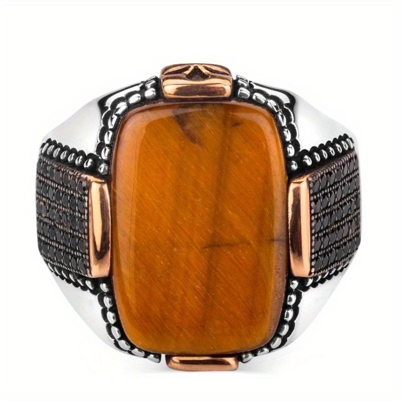 Tiger Stone Black Diamond Ring, Tiger Stone Main Stone with Black Diamond Decoration, Style Tough, Suitable for Halloween, Retro Men's Parties.