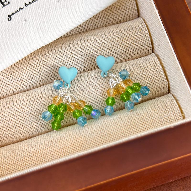 Women Summer Sweet Colorful Heart Crystal Tassel Earrings Niche Design Fashion Ear Accessories For Women Daily Wear