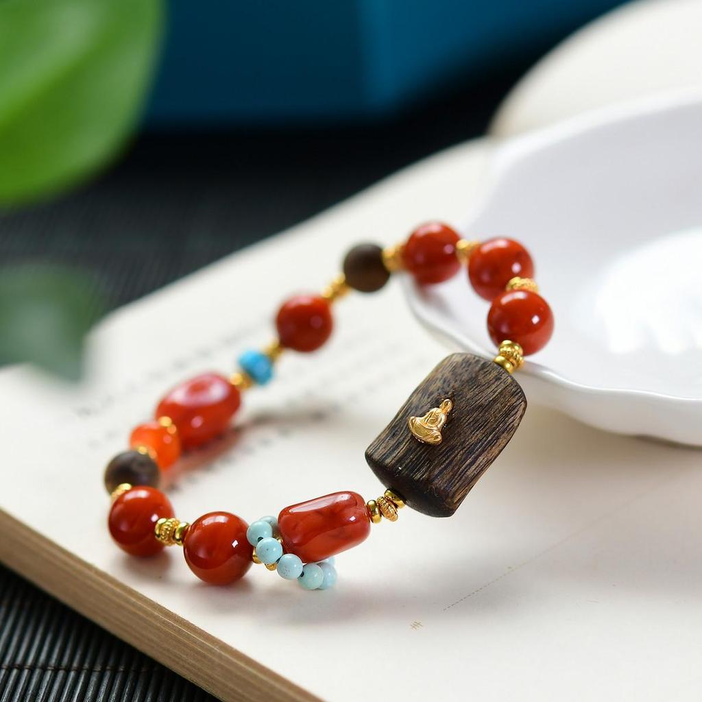 Novo Bracelete de Prata 925 com Ágata Vermelha e Turquesa Estilo Chinês