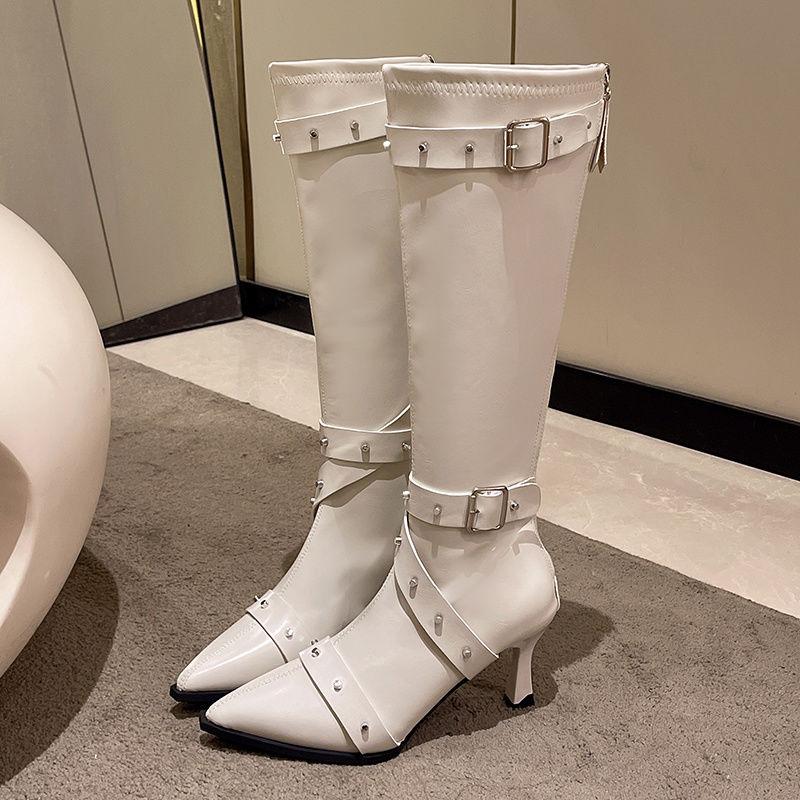 Fashion Autumn Winter Elegant Heeled Pointed Toe Rivet Leather Long Boots for Women Goth 2025 Chic New Rock Knee High Shaft Shoes Woman