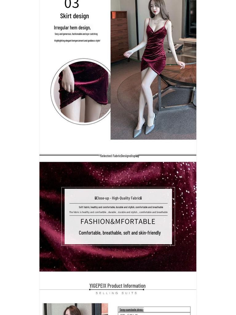 2025 V-neck Pleated Velvet Bodycon Strap Dress for Women