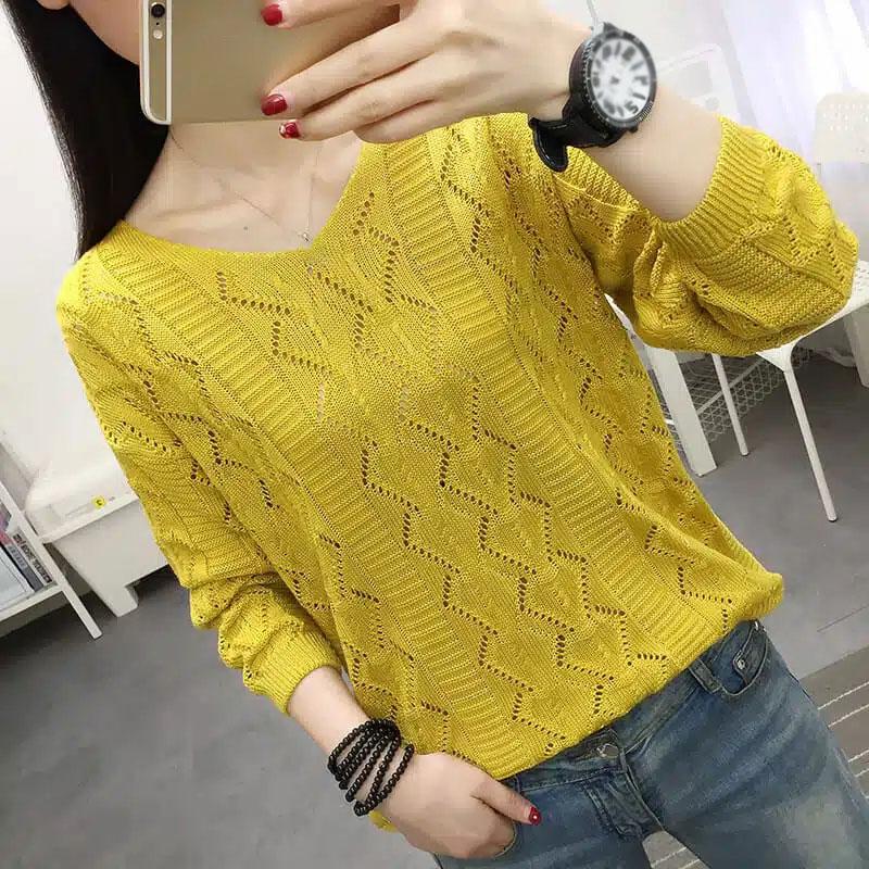 Women's Knitwear Hollow Long Sleeve Bottoming Shirt Spring and Autumn V-neck Thin Knitted Pullover Outfit Korean Style Sweaters