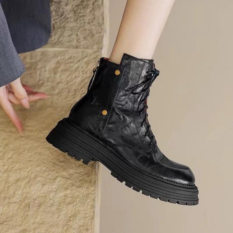 Shoes Female 2024 Hot Sale Lace Up Women's Boots Round Toe Solid Short Barrel Mid Heel Water Proof British Style Fashion Boots