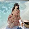 New Collar Floral Sweet Pleated Waist Lantern Sleeves Waist Top Skirt Seaside Vacation Suit Women