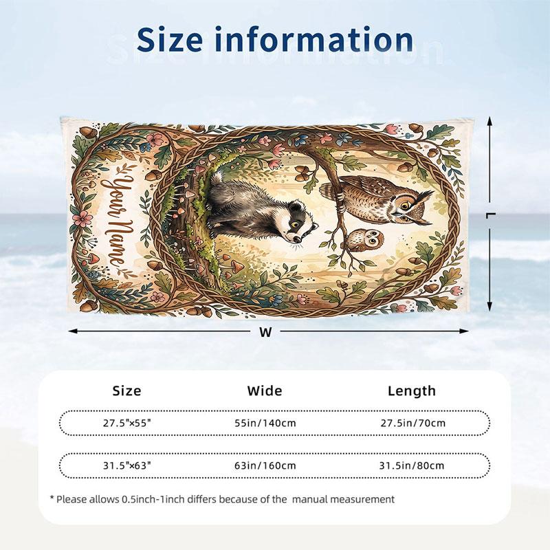 Forest Fox Fantasy Theme Quick Dry Beach Towel Custom Name Text Print Large Sand Resistant Towel Beach Vacation