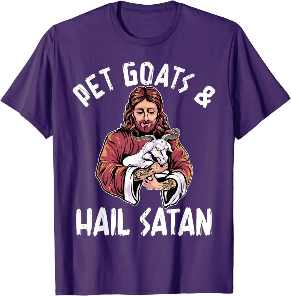 Haustierziegen Hail Satan Jesus Ziege Baphomet Atheist T-Shirt 100% Baumwolle Rundhals Sommer Kurzarm Freizeit Herren T-Shirt Größe S-3XL