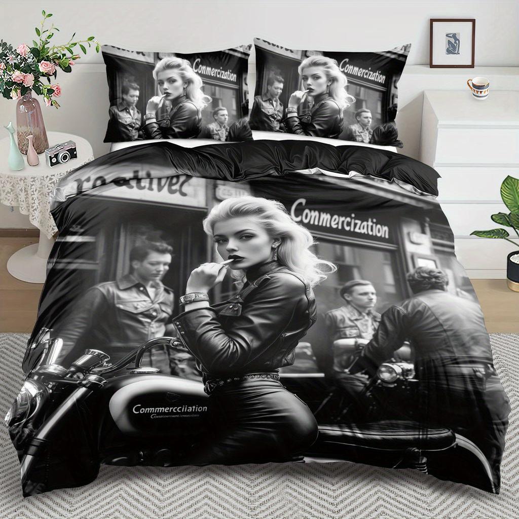 Beauty Theme Down Comforter Cover Set - 2/3pcs, Soft Comfortable Breathable, Black and White Style Printed Bedding Set, Biker