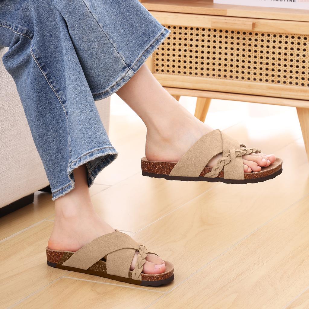 Fashion Litfun Casual Women's Slippers With Arch Support New Cork Footbed Slides Walking Slip On Sandals Braided Straps Women's Slippers