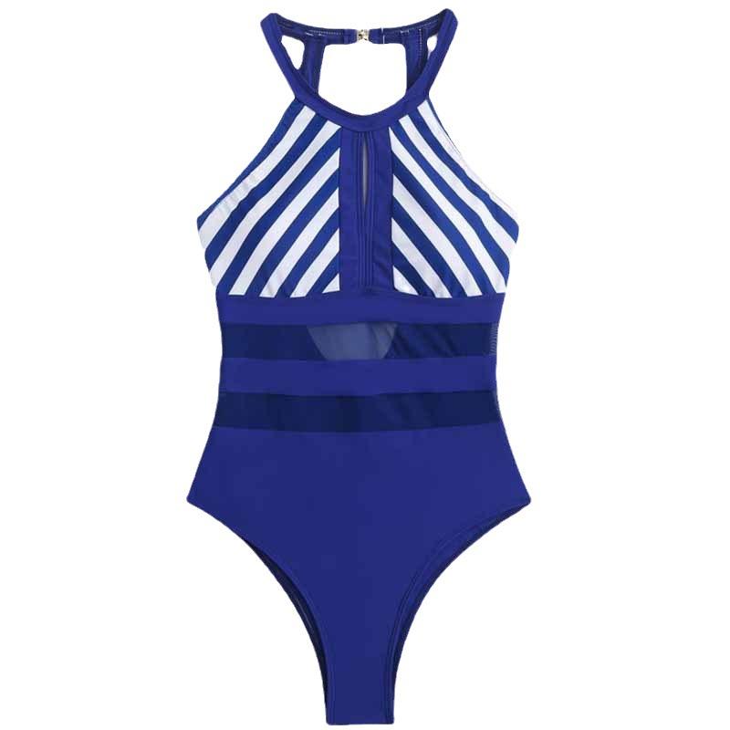 Spring and Summer European and American Fashion Sexy Striped Printed Mesh One-piece Swimsuit Women's Bikini Swimsuit