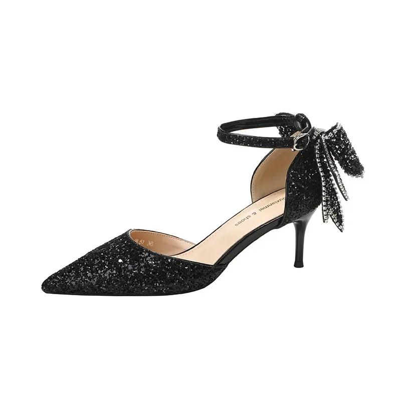 

Fashion High Heels for Women 2025 Summer Pointed Toe Stiletto One Word Buckle Pumps Fashion Sequin Bow Temperament Wedding Banquet Shoes 34