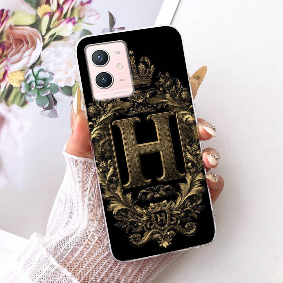 For Vivo Y33s 5G Case Cover Transparent Luxury Crown A-Z Letters 2D Flat Pattern Soft Phone Case For Vivo V2166A
