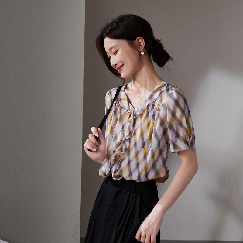 SOFSIL 2026 Summer Mulberry Silk V-Neck Print Short Sleeve Blouse M
