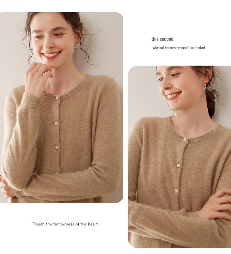 Women's Round Neck Slimming Cashmere Cardigan - Autumn/Winter 2024 Collection, Solid Color Short Jacket