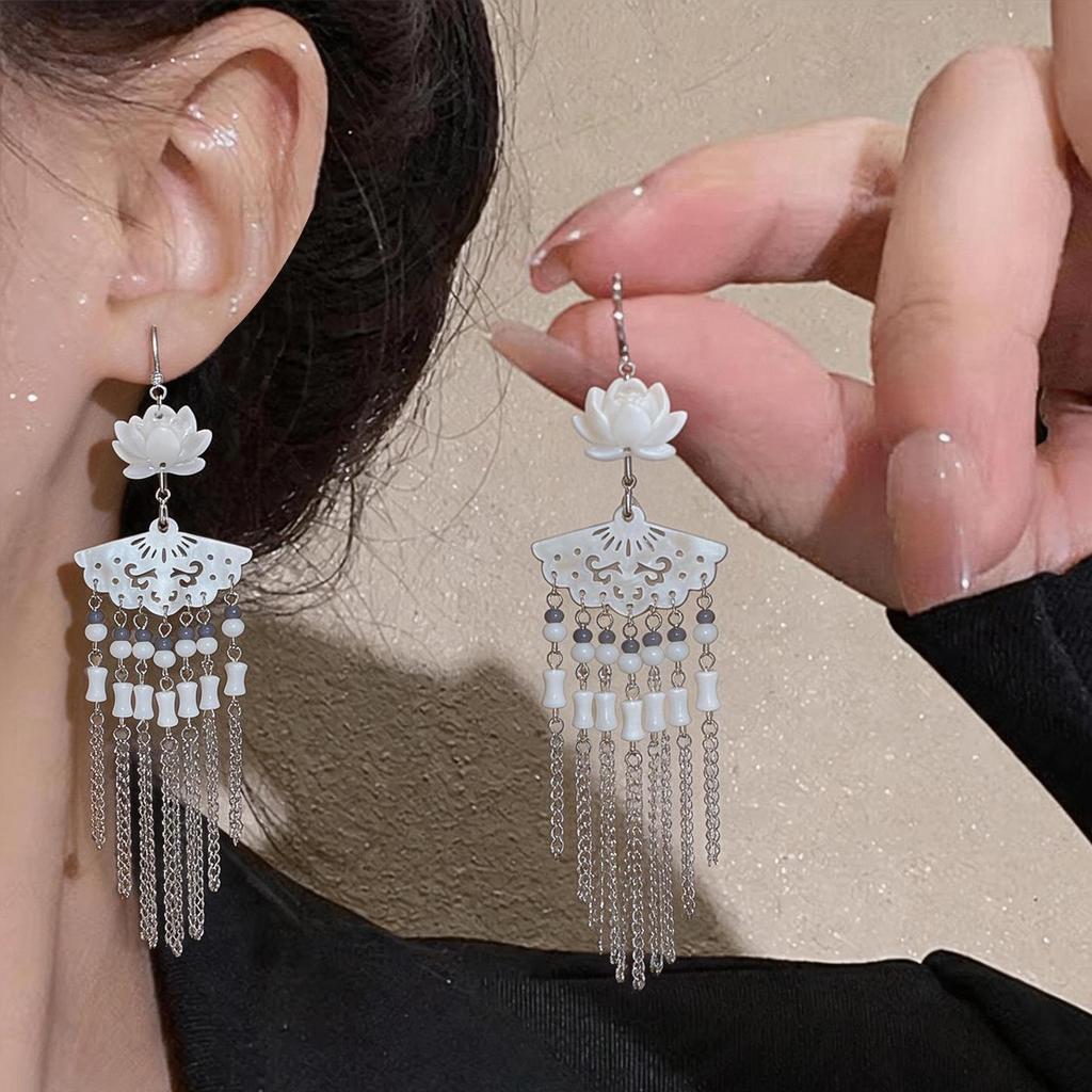 Resin Flower Fan Glass Tassel Earrings - Ethnic & Chinese Style Ear Ornaments for Women